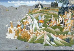 A 19th-century painting depicting a scene from Ramayana, wherein monkeys are shown building a bridge to Lanka