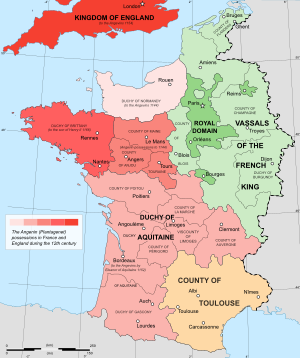 A coloured map of medieval France, showing the Angevin territories in the west, the royal French territories in the north-east, and the County of Toulouse in the south-east.