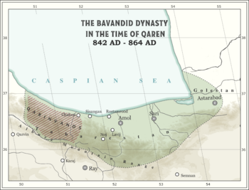 خريطة تبين منطقة القارن‌وند في عهد قارن الأول من الـ Bavands.