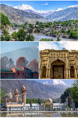 Clockwise from top: View of Chitral Valley and Tirich Mir Shahi Qilla Shahi Mosque Chitral Fort