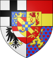 Arms of William VI of Orange as prince of Orange-Nassau-Fulda. The bottom most shield shows clockwise from top left the principality of Fulda, the lordship of Corvey, the county of Weingarten, and the lordship of Dortmund.[6]