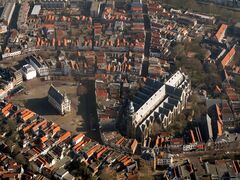 Town center from the sky with townhall and church (de Grote of Sint Janskerk)