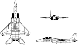 Three view diagram of the F-15 Eagle.