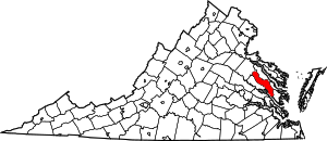 Map of Virginia highlighting King and Queen County