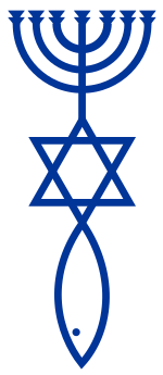 A blue symbol on a white background. At the top is Menorah, connected to the Star of David at its base, which itself is connected to an Ichthys fish pointed down below it.