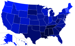 النسبة المئوية لسكان الولاية الذين ينتمون إلى دين عوضا عن "بلا دين"، 2014 .