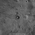 Narrow-angle image of the LM Challenger descent stage surrounded by LRV tracks and footprints, as imaged by the Lunar Reconnaissance Orbiter in 2011