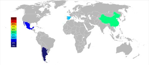 خريطة العالم باللونين الرمادي والأبيض حيث يرمز اللون الأخضر للصين تمثل 50%، وأسبانيا باللون الأزرق والأخضر يمثل 30%، والمكسيك باللون الأزرق الفاتح تمثل 20%، والأرجنتين باللون الأزرق الداكن يمثل أقل من 5% من الإنتاج العالمي للسترونشيوم.