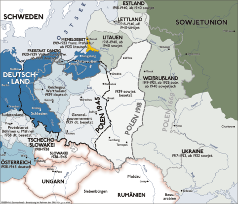 An illustration of the changing borders in Eastern Europe before, during, and after World War II (Map is written in German)