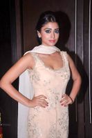 Indian actress Shriya Saran in woman's kameez with dupatta draped over the neck and decorative bindi on the centre of her forehead