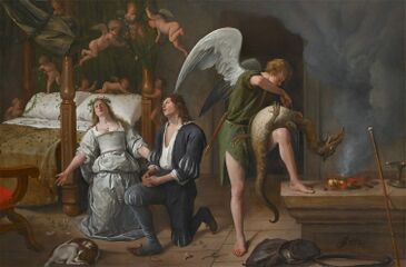 The wedding of Tobias and Sarah: Raphael binds the demon. Jan Steen, c.1660