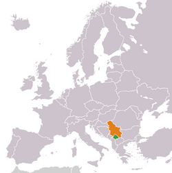 Map indicating locations of Kosovo and Serbia