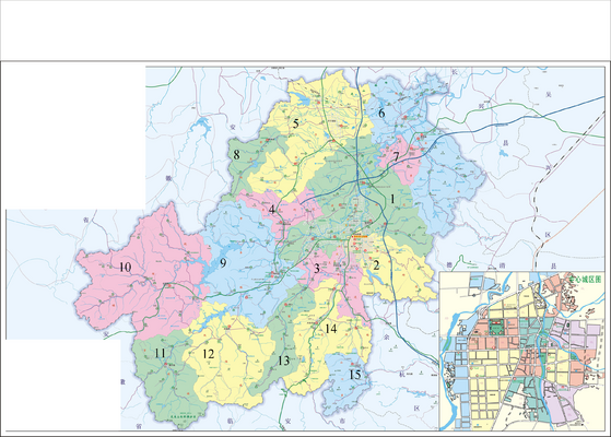 A map of township-level divisions in Anji County