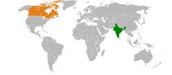 Map indicating locations of India and Canada