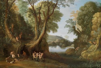 Fauns in a wooded landscape. The second version of a composition by Bril from 1620 now in the City Art Gallery in Bradford. The figures have been attributed to Pietro Paolo Bonzi (c. 1575–1636)
