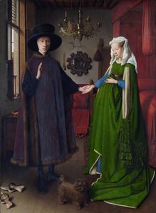 In the Arnolfini portrait by Jan van Eyck (1434), the rich green fabric of the dress showed the wealth and status of the family.