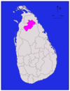 Area map of Vavuniya District, located in the middle of the northern half of the country, running roughly in a south west—north east direction, in the Northern Province of Sri Lanka