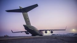A U.S. Air Force C-17 Globemaster III aircraft assigned to the 817th Expeditionary Airlift Squadron, Detachment 1, departs the Transit Center Manas in Manas, Kyrgyzstan, March 3, 2014 140303-F-LU738-106.jpg