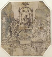 Apollo and the Muses on Parnassus; 1533, Pen and black ink, grey brown wash and blue green watercolour on paper, 42,3x38,4 cm. Staatliche Museen zu Berlin (kupferstichkabinett).