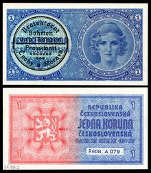 أول إصدار عملة في محمية بوهيميا ومورافيا (ورقة نقد تشيكية غير مـُصدَرة من عام 1938 بختم تسويغ للاستخدام في 1939).