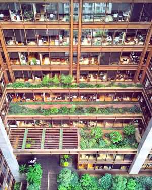 View of the atrium from the upper stories. Offices are visible on the far end of the atrium.