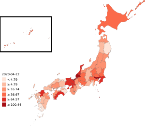 COVID-19 outbreak Japan per capita cases map.svg