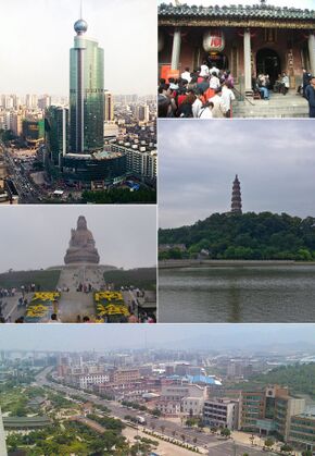 مع عقارب الساعة من أعلى اليمين: Zumiao of Foshan, Qingyun Tower in Shunfengshan Park, Foshan New Town in Shunde, Guanyin atop Mount Xiqiao, & Downtown Foshan in Chancheng