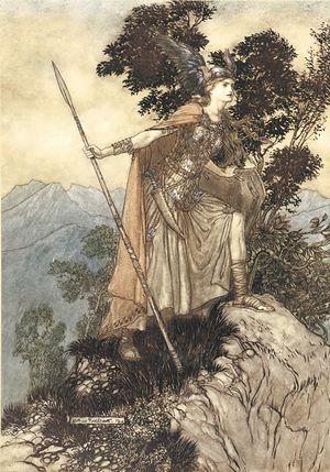 A youthful valkyrie, wearing armour, cloak and winged helmet and holding a spear, stands with one foot on a rock and looks intently towards the right foreground. In the background are trees and mountains.