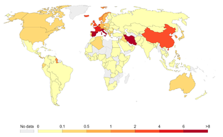 إجمالي الوفيات المؤكدة بكوڤيد-19 لكل مليون شخص، 20 مارس 2020.[434]