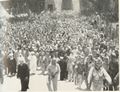 King Abdullah, in white, leaving the Al-Aqsa Mosque a few weeks before his assassination, July 1951