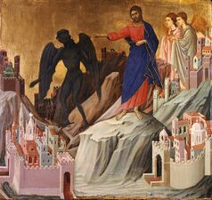 أظهر الرسام الإيطالي دوتشيو بوننسنيا المسيح وهو يطرد الشيطان، وقد ظهر مغطى بشعر أسود خشن (1308-111).