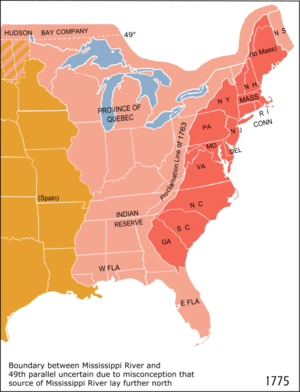 Eastern North America in 1775. The British Province of Quebec, the thirteen colonies on the Atlantic coast and the Indian reserve as defined by the Royal Proclamation of 1763. The 1763 Proclamation line is the border between the red and the pink areas, while the orange area represents the Spanish claim.