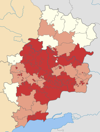أراضي تحت سيطرة (بالأحمر) أو محاولة سيطرة (بالبرتقالي) مليشيات روسيا الجديدة، في 24 مايو 2014.