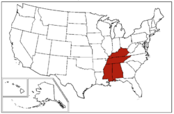 States in dark red make up the East South Central states region