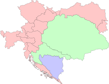 Bosnia and Herzegovina (shown in blue) within Austria-Hungary (shown in pink and green)