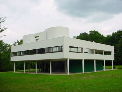 فيلا ساڤوي (1928-1931)لو كوربوازييه؛ دعا لو كوربوازييه إلى هندسة معمارية "هادئة وقوية" مبنية من الفولاذ والخرسانة المسلحة، بدون لون أو زخرفة.