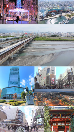 Top left: Aoba Symbol Road; Top right: Shimizu Port Middle: Tōkaidō Shinkansen & Urban area Aoi Tower,Keyaki Street,Higashi-Shizuoka subcenter,Gofukucho, Kunozan Toshogu