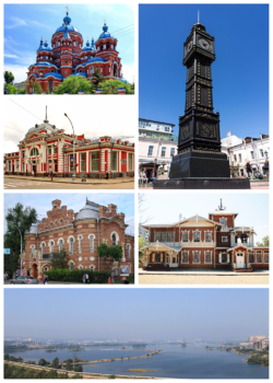 مع عقارب الساعة، من أعلى اليمين: برج الساعة، معرض الصور، پانوراما إركوتسك من السد، متحف التراث المحلي، سينما Khudozhestvenny ، كنيسة كازان.