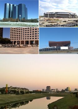 تجاه عقارب الساعة من أعلى اليسار: الأبراج الحضرية في لاس كوليناس، استاد تكساس السابق، مركز إرڤينگ للمؤتمرات في لاس كوليناس، أفق وسط مدينة لاس كوليناس ، موستانگز في لاس كوليناس.