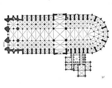 Plan of the Cathedral made by Eugène Viollet-le-Duc in the 19th century. Portals and nave to the left, choir in the center, and apse and ambulatory to the right.