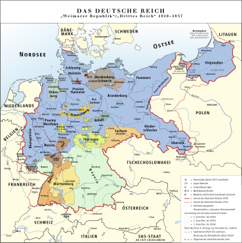 ألمانيا أثناء فترة ڤايمار، مع ولاية پروسيا الحرة (بالأزرق) كأكبر ولاية