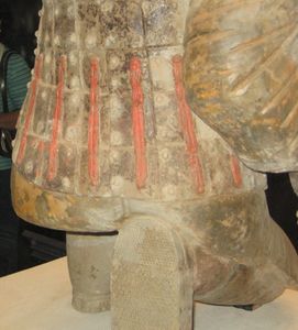 The Terracotta Warriors were once painted. Today only a handful of statues contain small amounts of paint. Also notice the detail put into the soles of the warrior's shoes.