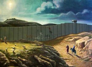 لوحة "بطاقة عيد الميلاد" لبانكسي 2005، تظهر اللوحة جدار الفصل العنصري الإسرائيلي وهو يمنع مريم العذراء والمسيح من الوصول لبيت لحم