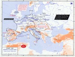 Map of Europe showing French armies in Southern Germany and Austrian armies assembling to the southeast.