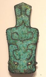 Turquoise-Inlaid Plaque with Stylized Animal-Mask Decoration and Elongated Extension, 1900-1350 BC, Neolithic to Shang period, Erlitou culture, China, bronze with turquoise inlay - Sackler Museum - DSC02630.JPG