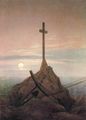 The Cross Beside The Baltic (1815), 45 × 33.5 cm. Schloss Charlottenburg, Berlin. This painting marked a move away by Friedrich from depictions in broad daylight, and a return to nocturnal scenes, twilight and a deeper poignancy of mood.[12]