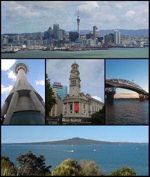 من أعلى اليسار: Skyline of Auckland CBD, Sky Tower, Town Hall, Auckland Harbour Bridge, Rangitoto Island