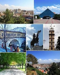 Top left: City center, Top right: Zafer Plaza AVM; Middle left: Irgandı Bridge, Middle: Statue of Atatürk, Middle right: Bursa Clock Tower; Bottom left: Bursa Botanical Park, Bottom right: City center