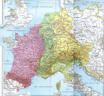 تقسيم امبراطورية الفرنجة، مملكة الفرنجة الوسطى تحت حكم لوثير الأول – لوثارنگيا، برگندي، وإيطاليا – تظهر بالأخضر