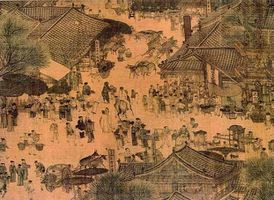 Detail of the original version of Along the River During the Qingming Festival attributed to Zhang Zeduan (1085–1145). Note that the picture switches back and forth between axonometric and perspective projection in different parts of the image.